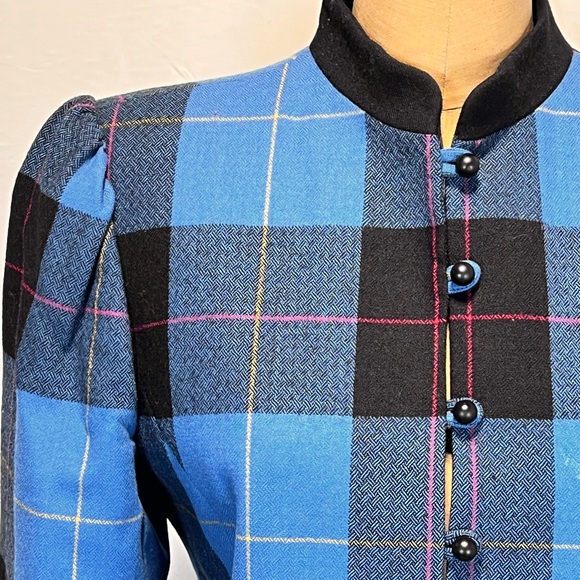 VINTAGE 80s wool tartan plaid blazer jacket button front collarless tailored 90s - Picture 4 of 12